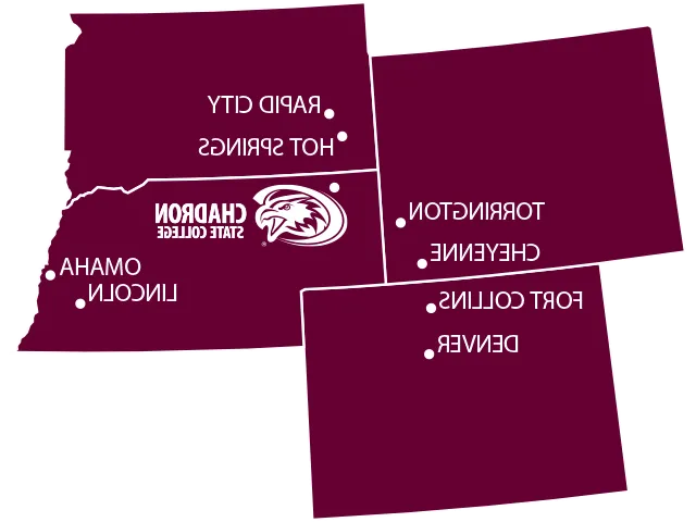 Nebraska, South Dakota, Wyoming, Colorado state outlines with Chadron marked